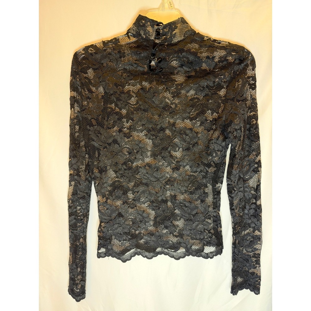 Cache Black Floral Lace Mock Neck Long Sleeve Top Sheer Scalloped Hem